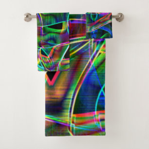 Overlapping band-like curves, neon colourful relie bath towel set