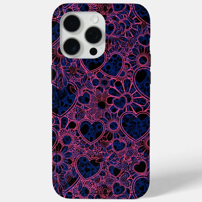 Overlapping Hearts Pattern, Pink on Blue Black BG Case-Mate iPhone Case (Back)