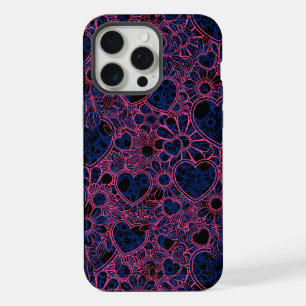 Overlapping Hearts Pattern, Pink on Blue Black BG iPhone 15 Pro Max Case