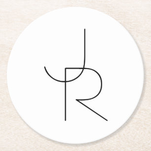 Overlapping Initials   Black On White Round Paper Coaster