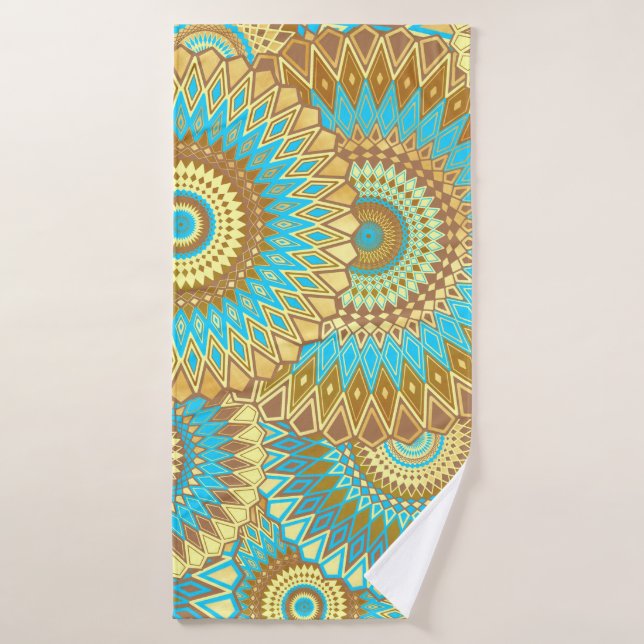 Overlapping Mandala Blue Brown Gold Bath Towel (Bath Towel)