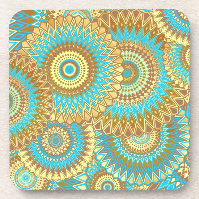 Overlapping Mandala Blue Brown Gold Coaster (Front)