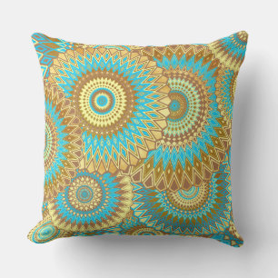 Overlapping Mandala Blue Brown Gold Cushion