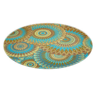 Overlapping Mandala Blue Brown Gold Cutting Board
