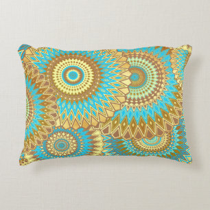 Overlapping Mandala Blue Brown Gold Decorative Cushion