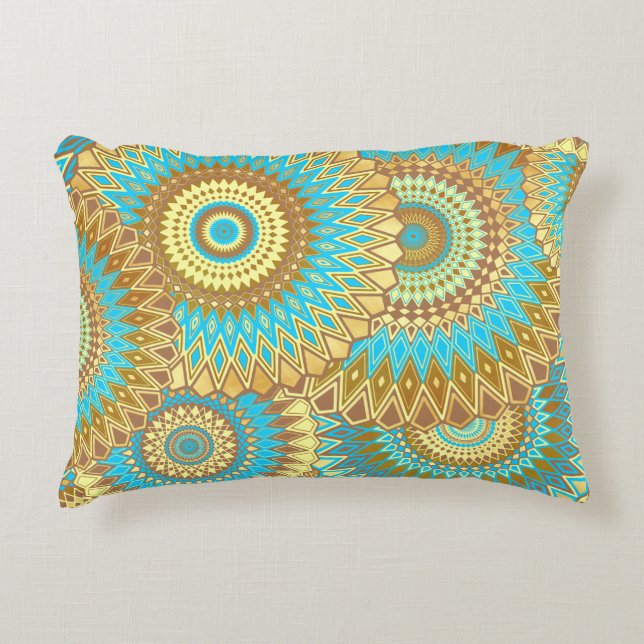 Overlapping Mandala Blue Brown Gold Decorative Cushion (Front)