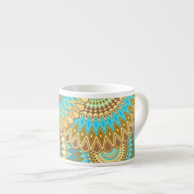 Overlapping Mandala Blue Brown Gold Espresso Cup (Front Right)
