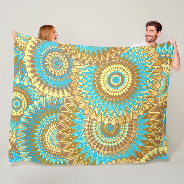 Overlapping Mandala Blue Brown Gold Fleece Blanket (In Situ)