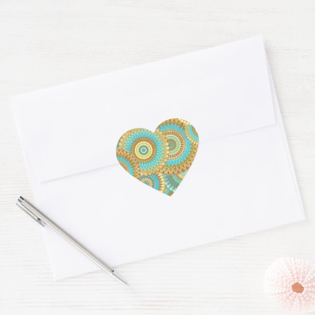 Overlapping Mandala Blue Brown Gold Heart Sticker (Envelope)