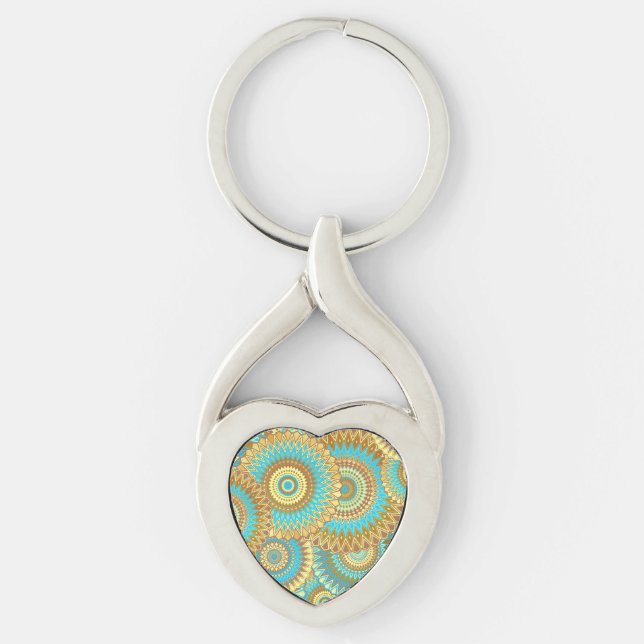 Overlapping Mandala Blue Brown Gold Key Ring (Front)