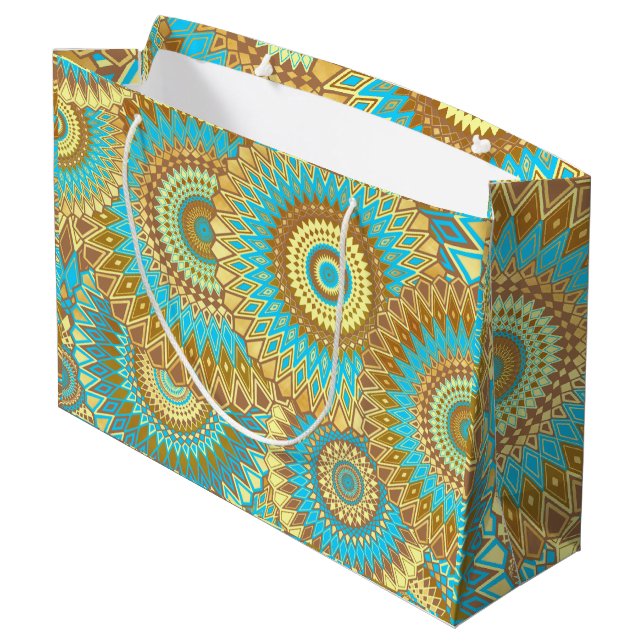 Overlapping Mandala Blue Brown Gold Large Gift Bag (Back Angled)