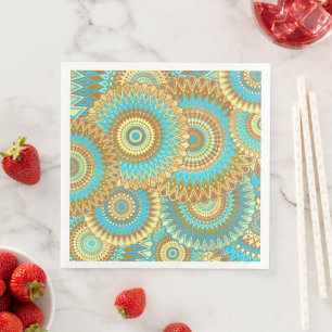 Overlapping Mandala Blue Brown Gold Napkin