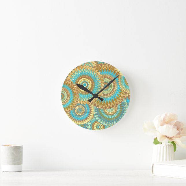 Overlapping Mandala Blue Brown Gold Round Clock (Home)