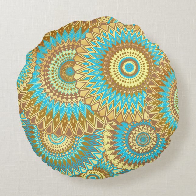 Overlapping Mandala Blue Brown Gold Round Cushion (Back)