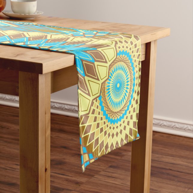 Overlapping Mandala Blue Brown Gold Short Table Runner (In Situ)