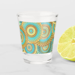 Overlapping Mandala Blue Brown Gold Shot Glass