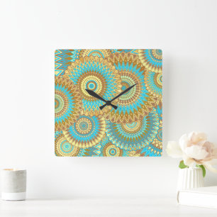 Overlapping Mandala Blue Brown Gold Square Wall Clock