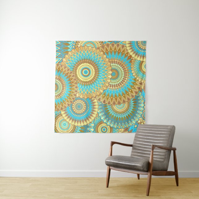 Overlapping Mandala Blue Brown Gold Tapestry (In Situ)