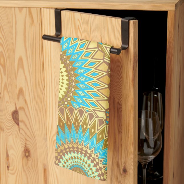 Overlapping Mandala Blue Brown Gold Tea Towel (Thirds Fold)