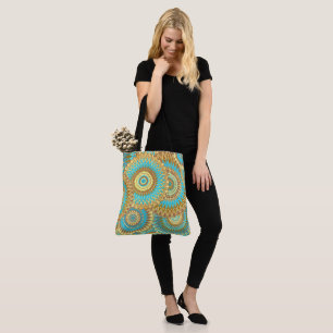 Overlapping Mandala Blue Brown Gold Tote Bag