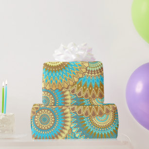 Overlapping Mandala Blue Brown Gold Wrapping Paper