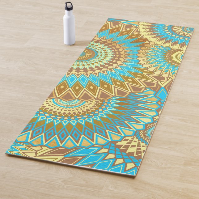 Overlapping Mandala Blue Brown Gold Yoga Mat (In Situ)
