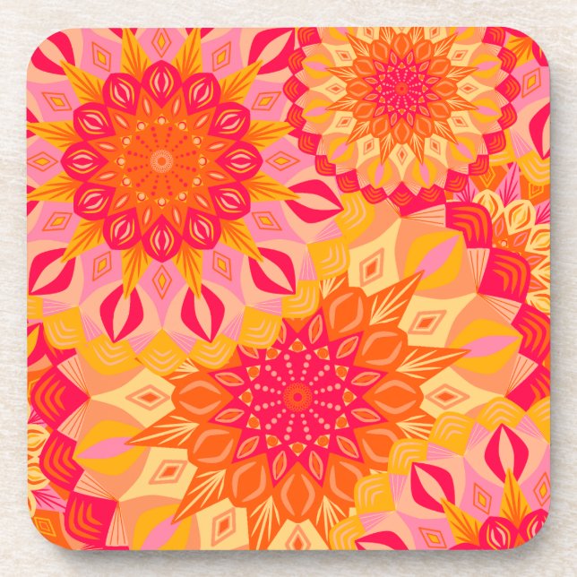 Overlapping Mandala Orange Pink Yellow Coaster (Front)