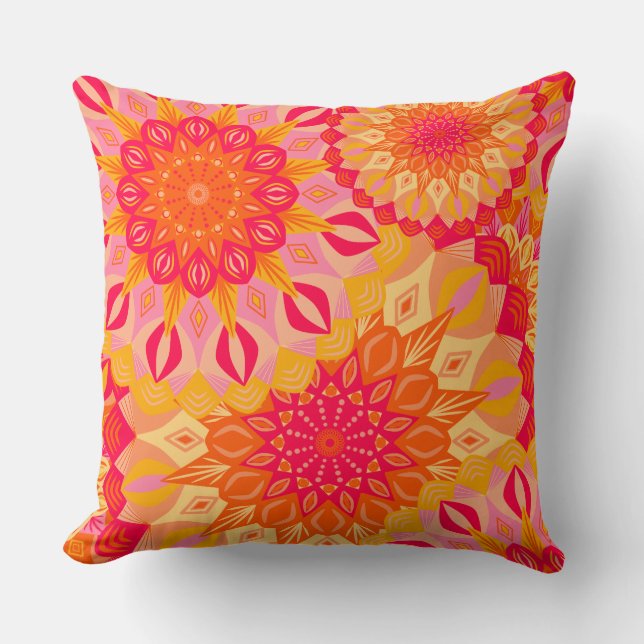 Overlapping Mandala Orange Pink Yellow Cushion (Front)