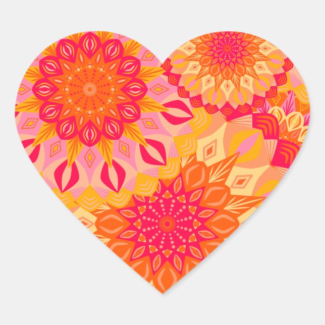 Overlapping Mandala Orange Pink Yellow Heart Sticker (Front)