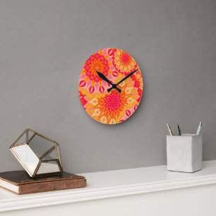 Overlapping Mandala Orange Pink Yellow Round Clock
