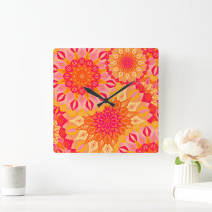 Overlapping Mandala Orange Pink Yellow Square Wall Clock