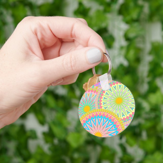Overlapping Mandala Pink Blue Yellow Mint Purple Key Ring (Hand)