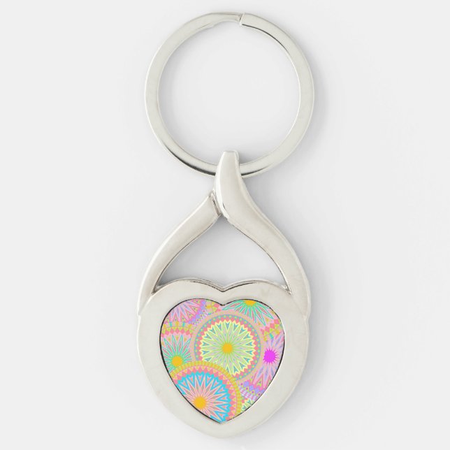 Overlapping Mandala Pink Blue Yellow Mint Purple Key Ring (Front)