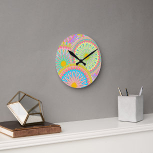 Overlapping Mandala Pink Blue Yellow Mint Purple Round Clock