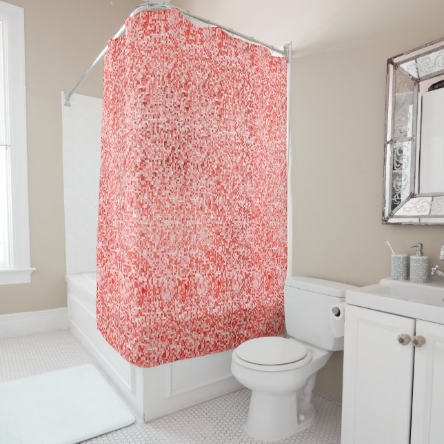 Overlapping mini squares, tones of red or coral shower curtain (In Situ)