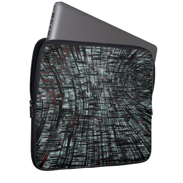 Overlapping narrow, linear cutouts intersecting on laptop sleeve (Front Right)