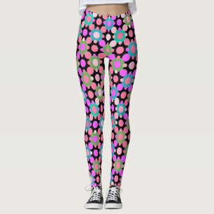 Overlapping Polka Dots in Pink and Green Black BG Leggings