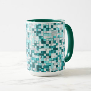 Overlapping small squares in greenish cyan tones mug