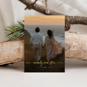 Overlay Cliffside Photo Merrily Ever After Wedding Foil Holiday Card