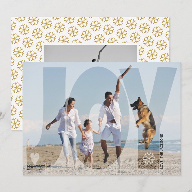 Overlay joy Christmas gold glitter snowflake photo Holiday Card (Front/Back)