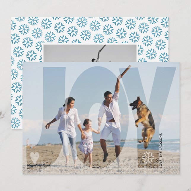 Overlay joy Christmas turquoise snowflake photo Holiday Card (Front/Back)