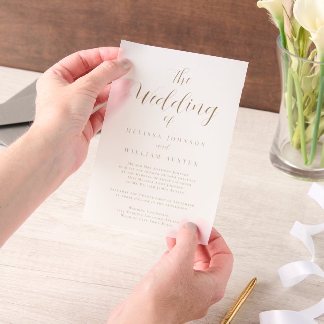 Overlay Modern Custom Gold Typography Wedding Vellum Invitations (Handheld)