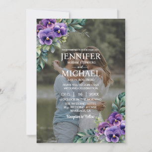 Overlay Portrait Picture Photo QR Pansies Wedding Invitation