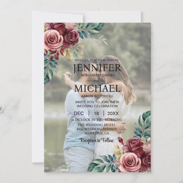 Overlay Portrait Picture Photo QR Roses Wedding Invitation (Front)