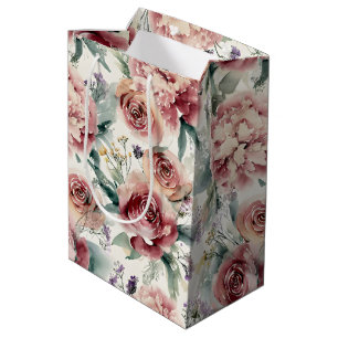 Oversized Botanical Print Pink Roses Peonies Medium Gift Bag