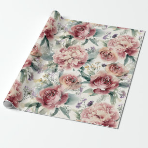 Oversized Botanical Print Pink Roses Peonies  Wrapping Paper