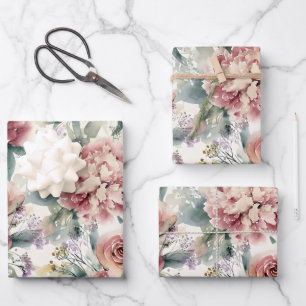 Oversized Botanical Print Pink Roses Peonies  Wrapping Paper Sheet
