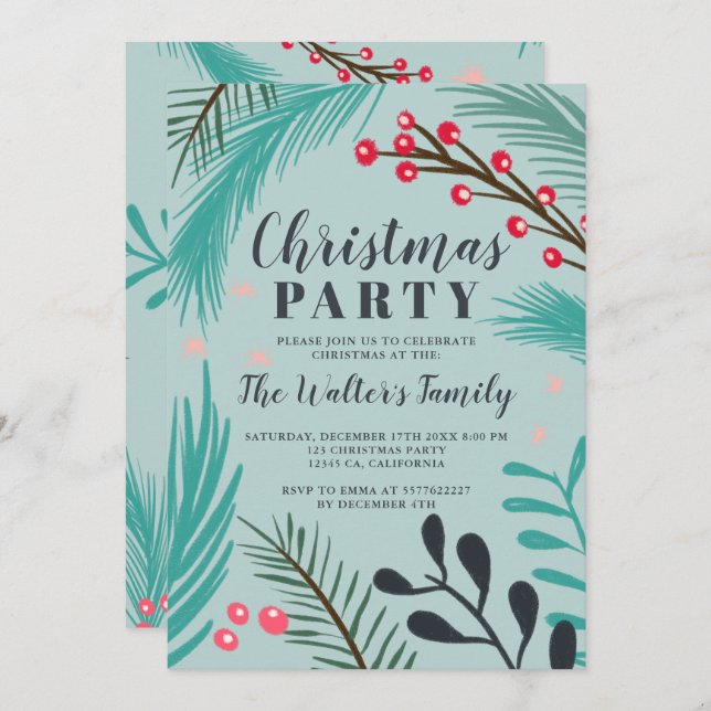 Oversized branches mistletoe green Christmas Invitation (Front/Back)
