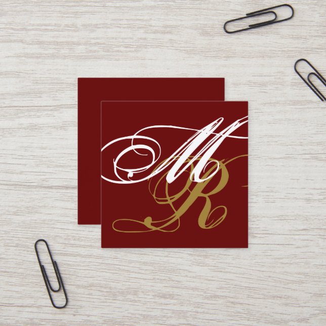 Oversized Curly Font Initials Red Square Business Card (Front/Back In Situ)