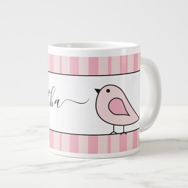Oversized Cute Bird Pink Stripe Personalised Large Coffee Mug (Front Right)